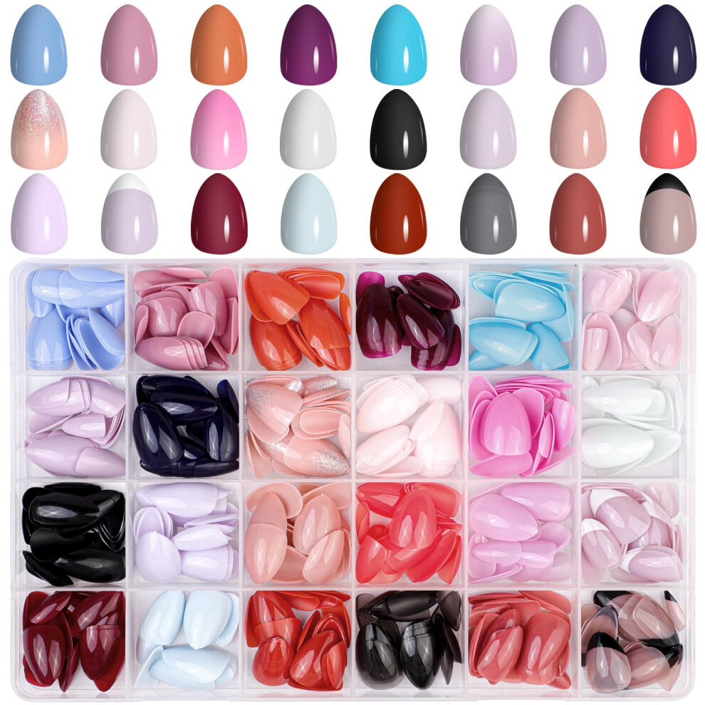 Justotry 24 Packs (576 Pcs) Gel Almond Press On Nails Short,Glitter French And Solid Oval False Nails With Nail File,Glossy Stick On Nails For
