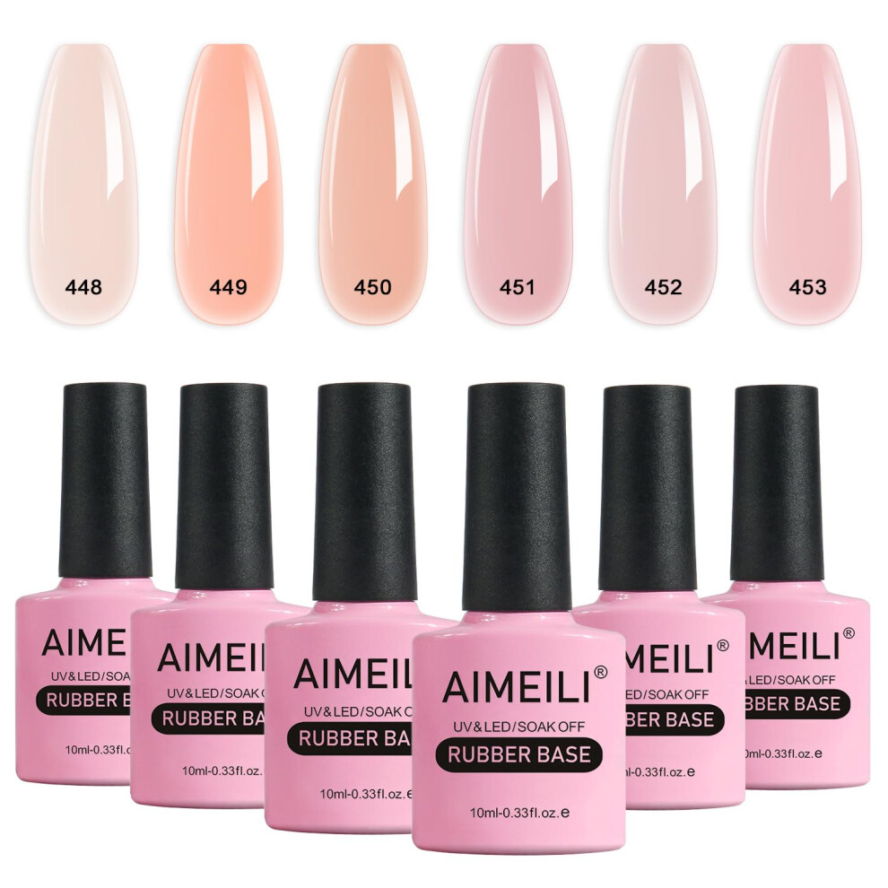 Aimeili Pink 5 In 1 Rubber Base Gel Set For Nails, Sheer Nude Color Gel Nail Polish Uv Led Soak Off, Elastic Nail Strengthener Long Lasting 6Pcs X