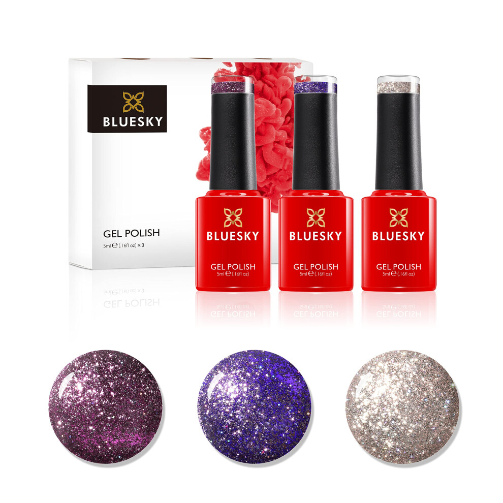 Bluesky Gel Nail Polish, Dazzling Platinum Gel Trio Set 2 - Purple, Gold, Glitter 5Ml (Requires Curing Under Uv Or Led Lamp)