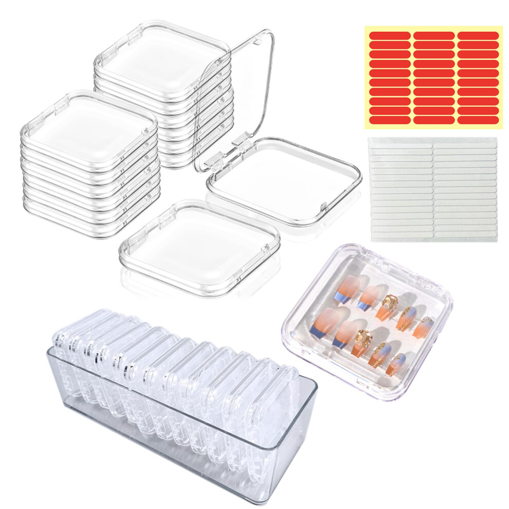 Samchilderlan 12Pcs Press On Nail Packaging Boxes, False Nail Container Organizer Clear Nail Display Case With 1 All-In-One Acrylic Nail Storage Box And 30Pcs