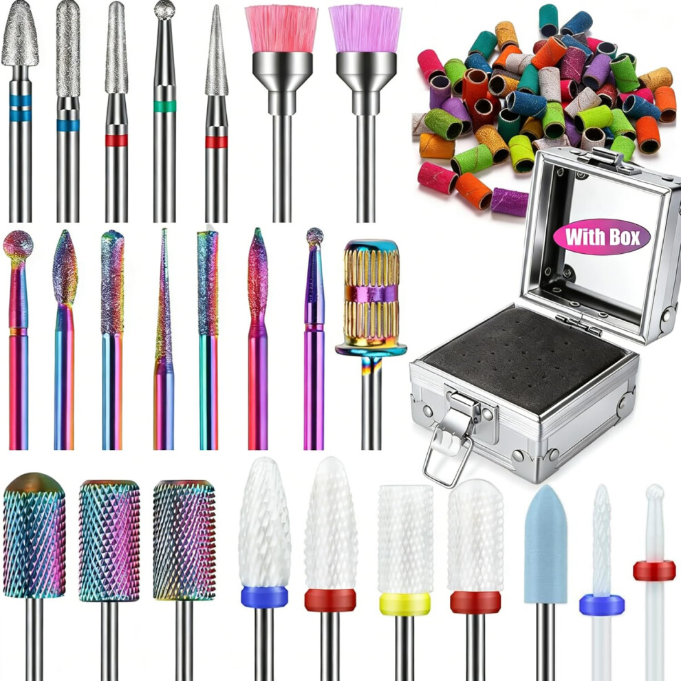 Depvko Silver 25Pcs Nail Drill Bits Set With Case & 50Pcs Sanding Bands, 3/32'' Drill Bits For Nails Ceramic Diamond Carbide Cuticle Efile Nail Bit