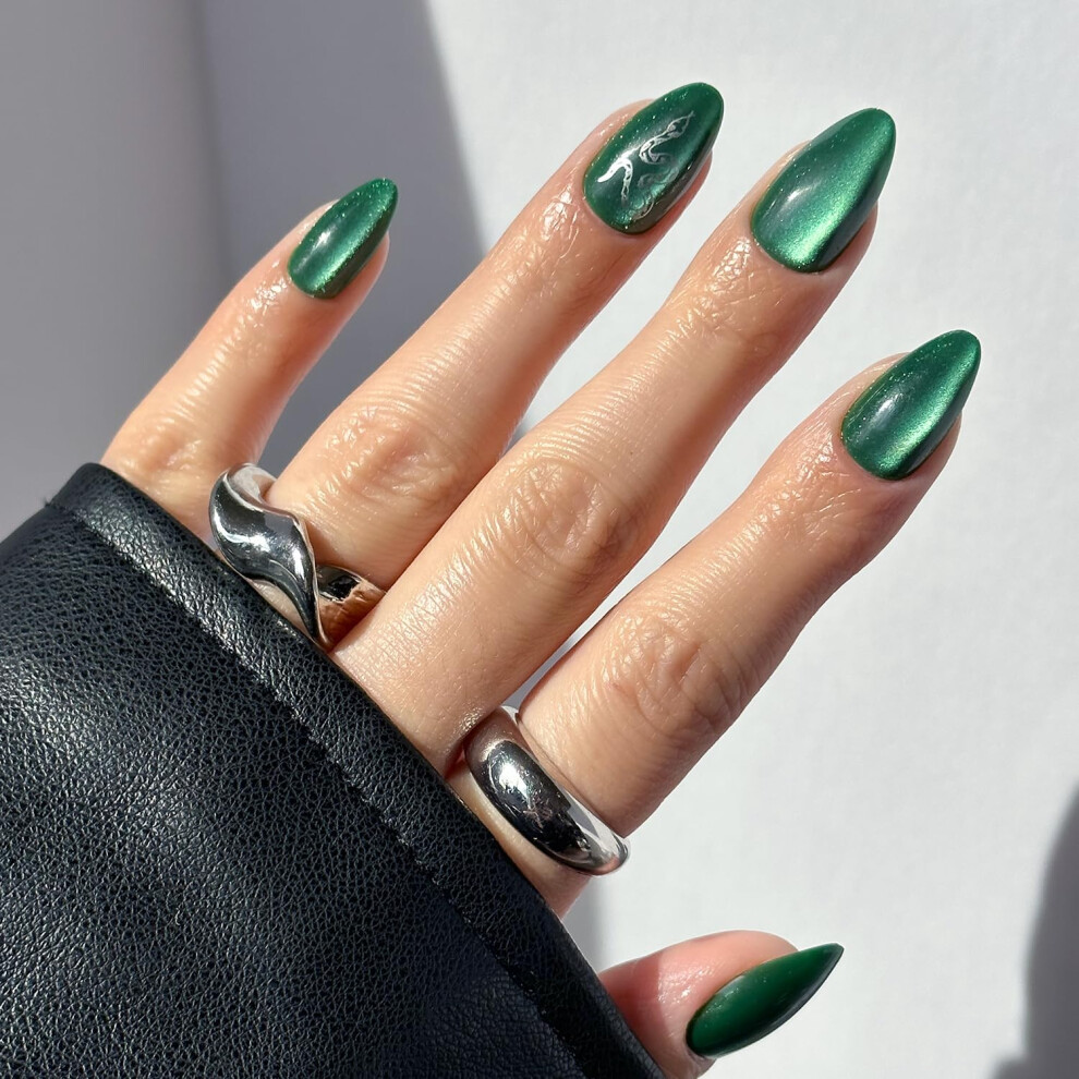Glamnetic Green Harry Potter? X Press On Nails - Slytherin? | Velvet Snake Serpent Graphic Short Almond False Nails, Reusable Stick On Fake Nails With