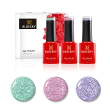 Bluesky Gel Nail Polish Set, Snow Angel G5SN04, Go Sledding E5SN03, Let It Snow G5SN05, 3 x 5 ml, Pink, Green, Purple, Glitter, Snowfall (Requires