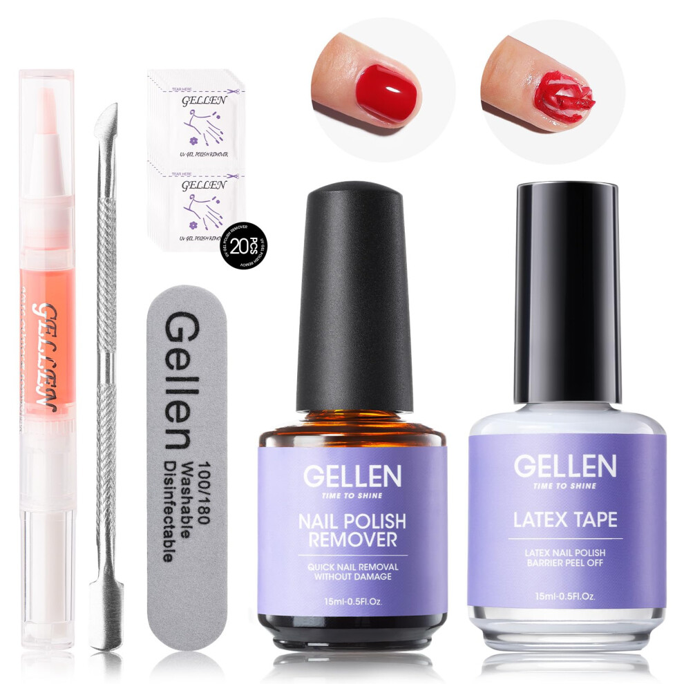 Gellen Gel Polish Remover Kit, Liquid Latex Tape For Nails, Peel Off Liquid Latex Tape With Cuticle Oil And Manicure Tools, 3-5 Minutes Easy Quick