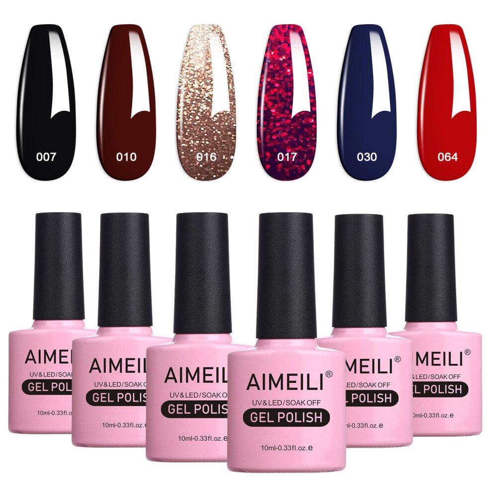 Aimeili Red/Black Gel Nail Polishes Glitter Gel Polish Set Soak Off Uv Led Nail Salon Set Gel Varnish Manicure Set - Long Lasting & Easy To Apply 6Pcs