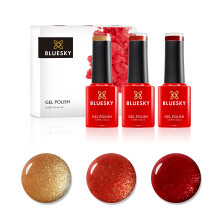 Bluesky Gel Nail Polishes, Burnt Crystals, Red Glimmer A001, Frosty Gold JQ09, Orange Flame SJ19, 3 x 5ml, Red, Gold Orange (Requires Curing Under UV