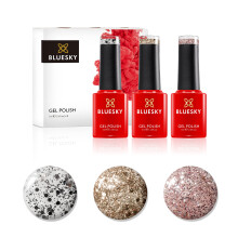 Bluesky Gel Nail Polish Set, Metallic Confetti, Ice Superstar Dc001, Gold Button Dc002, Razzle Dazzle Lt135, 3 x 5 ml Silver, Glitter (Requires Curing