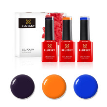 Bluesky Gel Nail Polish Set, Dusk 'Til Dawn. Neon04 - Orange Sorbet, 80510 - Fedora, Neon32 - Blue Bamboo, 3 x 5 ml, Orange, Black, Blue, (Requires