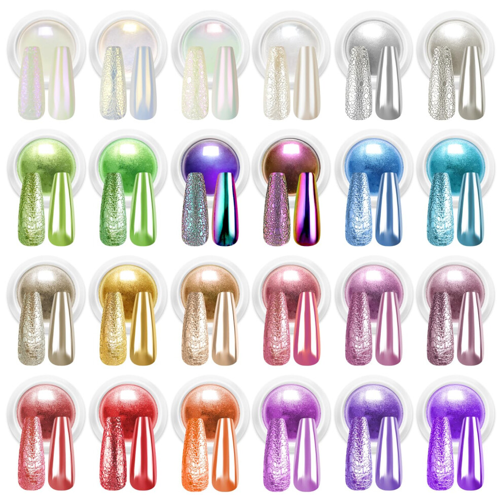 Bishengyf 24Pcs Chrome Nail Powder - Metallic Mirror Effect Holographic Aurora Iridescent Pearlescent Nail Chrome Powder For Gel Nails Diy Manicure