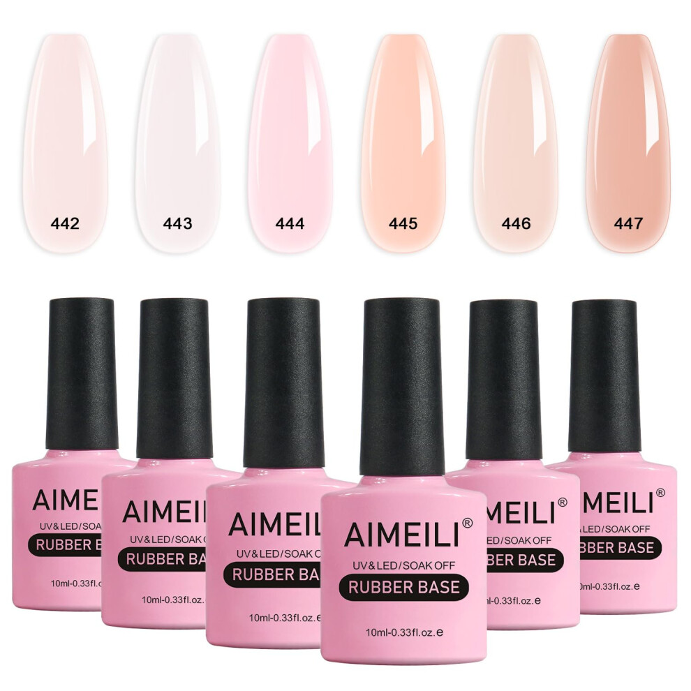 Aimeili Pink 5-In-1 Rubber Base Gel Set - Sheer Nude Color, Led Uv Soak Off, Elastic Nail Strengthener, Rhinestone Glue Gel, 6Pcs X 10Ml - Gift Kit 46