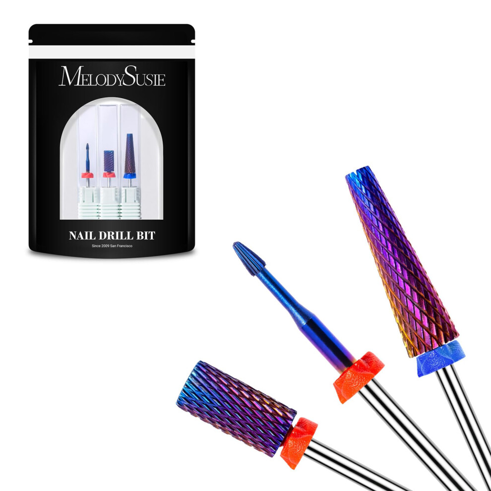Melodysusie 3Pcs Nail Drill Bits Set, 3/32'' Carbide Tungsten Bits, Super Long 5 In 1, Flat Top Large Barrel And Cuticle Bits, Suitable For Manicure
