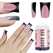 NOVO OVO Halloween Black French Tip Short Duck Nail Tips Press on, BERRY PINK Pre-designed Soft Gel Nail Extension, Extra thick Full Cover Matte Vrial