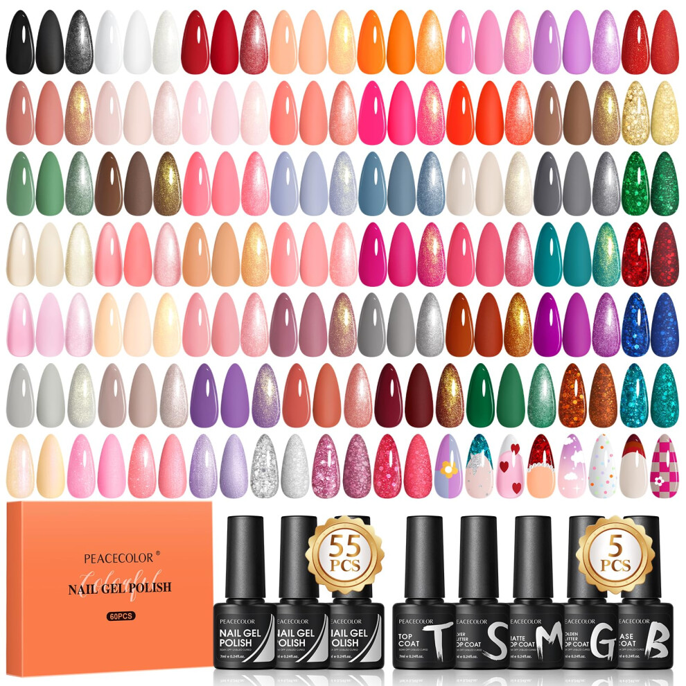 Peacecolor Pink,Red,Brown 60Pcs Gel Nail Polish Set 55 Autumn Winter Colors Brown Pink Red Gel Polish With 5Pcs Glossy/Matte/Glitter Top Base Coat Soak Off Long