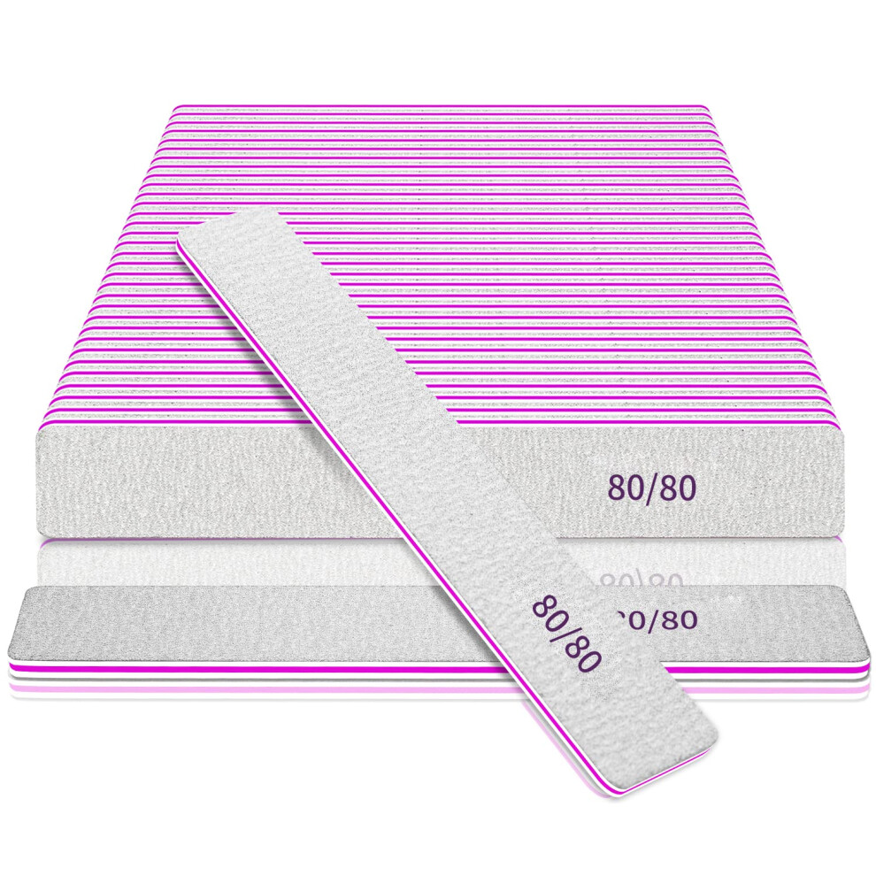 Meteorock Nail Files For Acrylic Nails, 50Pcs 80/80 Grit Nail Files Bulk Reusable Rough Coarse Square Jumbo Nail File Set 50Pcs Manicure Pedicure Tools