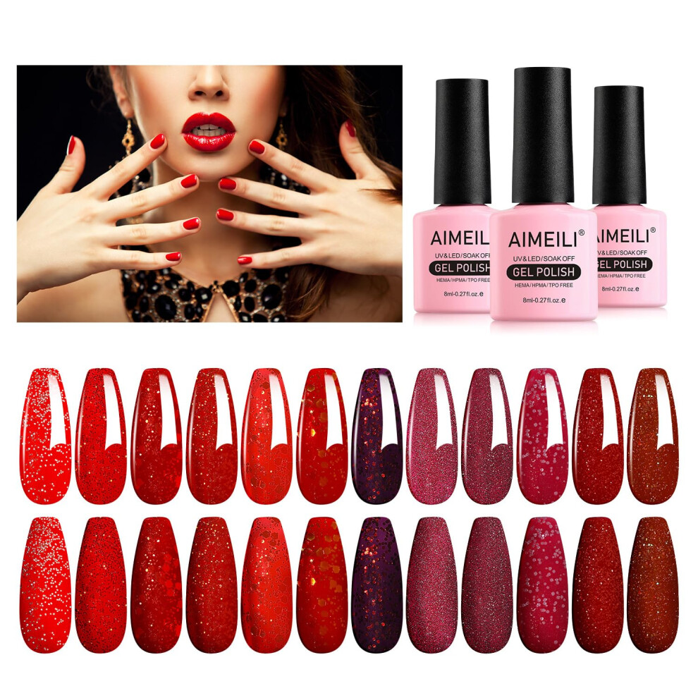 Aimeili Red 12 Colors Christmas Glitter Gel Nail Polish Shiny Chunky Glitter Gel Polish Soak Off U V Nail Gel Sparkly Gel Nail Art Manicure Varnish