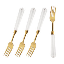 Gold Stainless Steel Dessert Forks Set with Matte Finish and Clear Acrylic Handles, 4 Pieces