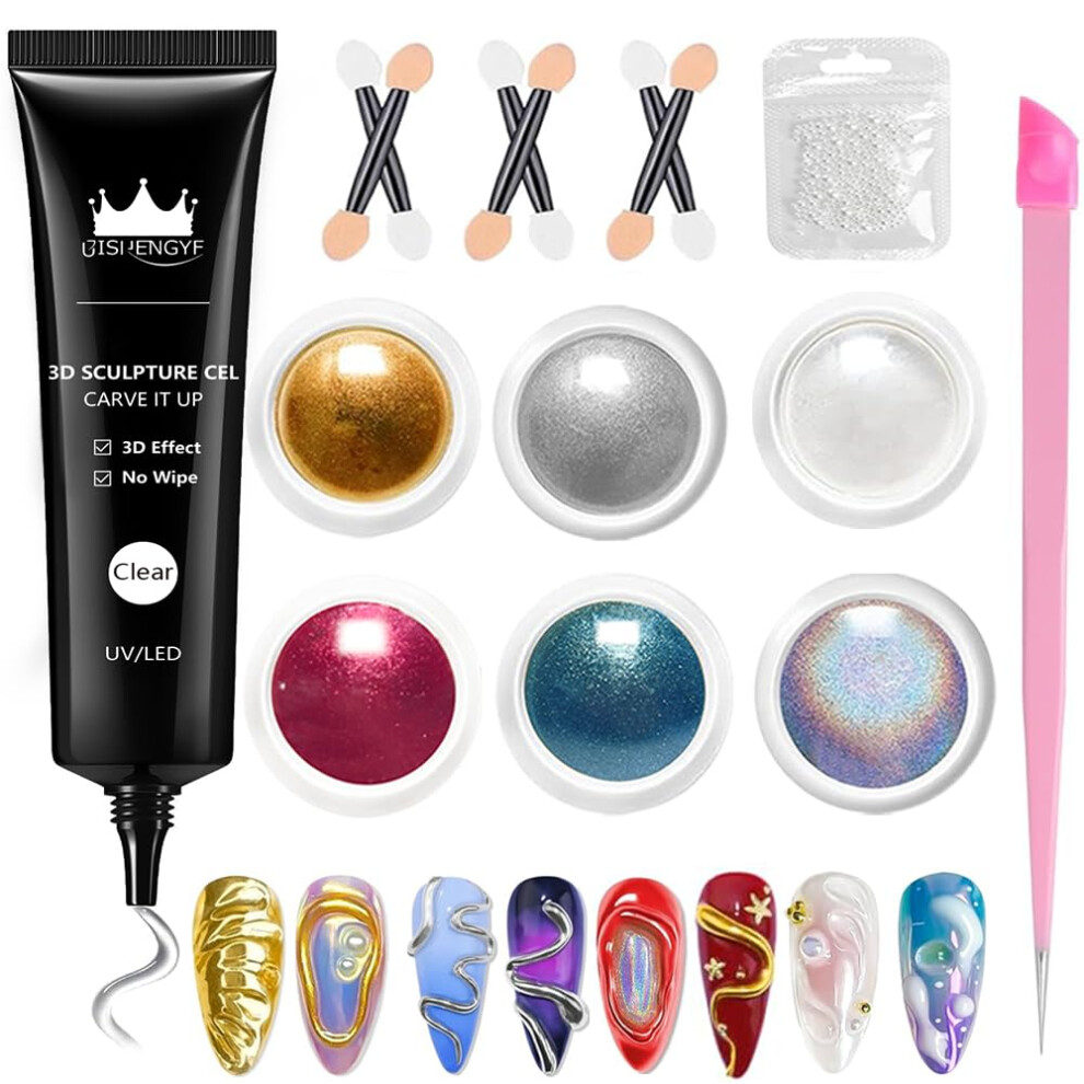 Bishengyf Blue/Silver/Gold Chrome Nail Powder & 3D Nail Gel-15G 3D Sculpting Nail Gel For Diy Nail Art, Metallic Nail Chrome Powders No Wipe