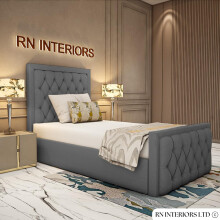 YB INTERIORS LTD Chesterfield Sleigh Bed Frame Upholstered Bed Frame With 125cm High Floor Standing Headboard Bed Frame Without Storage (Grey, 3FT