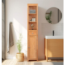 Hallowood Furniture Waverly Oak Bathroom Storage Unit with Drawer and Open Shelves, Narrow and Freestanding Tall Slim Bathroom Cabinet, Display