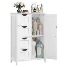 VASAGLE Bathroom Floor Storage Cabinet, Wooden Storage Unit with 4 Drawers, Single Door, Adjustable Shelf, for Living Room, Kitchen, Entryway, White