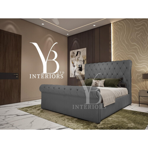 YB INTERIORS LTD Scroll Sleigh Bed Frame Upholstered Bed Frame With 125cm High Floor Standing Headboard Bed Frame Without Storage (Grey, 4FT Small 2