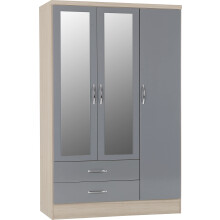 Seconique Nevada 3 Door 2 Drawer Wardrobe in Grey Gloss/Light Oak Effect Veneer