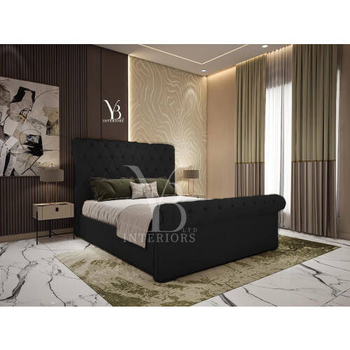 YB INTERIORS LTD Scroll Sleigh Bed Frame Upholstered Bed Frame With 125cm High Floor Standing Headboard Bed Frame Without Storage (Black, 3FT Single) 1