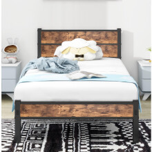 DUMEE Single Bed Frame with Wooden Headboard and Footboard, Metal Wooden Bed Frame 3FT Under Bed Storage, No Box Spring Needed, Enhanced Support Noise