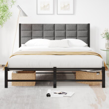 JUISSANO Double Bed Frame with Headboard Upholstered Platform Bed Frame Double with Headboard,Metal Bed Frame Double Bed with Metal Slat Support/No
