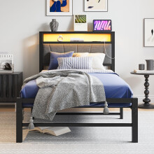 BORPHOM 3ft Single Bed Frames with Storage Headboard,Charging Station/LED Lights,Metal Upholstered Platform Bed Frame Single No Box Spring