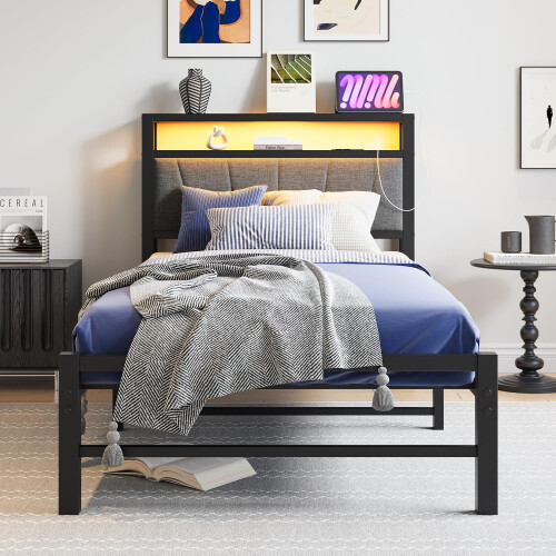 BORPHOM 3ft Single Bed Frames with Storage Headboard,Charging Station/LED Lights,Metal Upholstered Platform Bed Frame Single No Box Spring