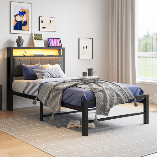 BORPHOM 3ft Single Bed Frames with Storage Headboard,Charging Station/LED Lights,Metal Upholstered Platform Bed Frame Single No Box Spring 2