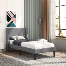 Merax 3FT Single Bed, Upholstered Bed Frame with Broad and Thick Winged Headboard, Sturdy Wood Slat Support, Soft Linen Grey, 90x190cm