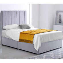 ComfoRest - Plush 3FT Stripe Single Divan Bed with Mattress | Sleek Velvet Frame with Grand 54" Headboard | NO Drawers, Premium Comfort for Modern