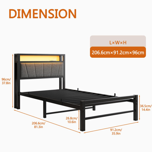 BORPHOM 3ft Single Bed Frames with Storage Headboard,Charging Station/LED Lights,Metal Upholstered Platform Bed Frame Single No Box Spring 1