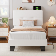 Feonase Single Bed Frame with Charging Station, Velvet Upholstered Platform Bed Frame Single Beds with Storage Headboard, Wooden Slat Support, Noise
