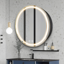Janboe 66cm Round Mirror Cabinet with Lights,with Defogger,Dimmable,Anti-Fog,3 Colors,Black