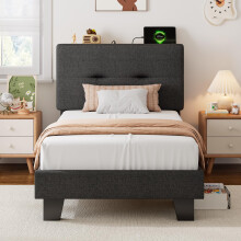 Feonase Single Bed Frame with Charging Station, Linen Upholstered Platform Bed Frame Single Beds with Storage Headboard, Wooden Slat Support, Noise