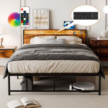BEXEVUE 4ft6 Metal Bed Frame with Outlets LED Strip - Simple Double Vintage Iron Platform Bed, Storage Ergonomic Headboard, Modern Design High