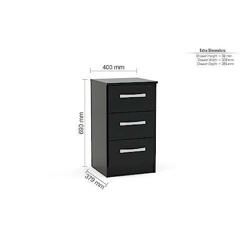 Birlea Birlea Lynx 3-Drawer Bedside Table - High-Gloss, Black 2