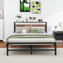 VERFARM 4ft6 Double Metal Platform Bed Frame with Wooden Storage Shelf Headboard, 135x190 cm Bed Frame No Box Spring Needed, Sturdy Steel Slat