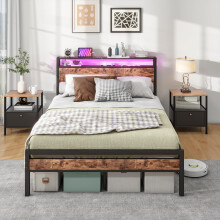 BORPHOM Double Bed Frame with Storage Wood Headboard Shelf,LED Lights,4ft6 Heavy Duty Metal Platform Wooden Bed Frame Double Bed with Charging