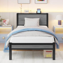 DUMEE Wooden Single Bed Frame with Storage Headboard Shelf, 3FT Metal Bed Frame Single Bed Base/Mattress Foundation, Enhanced Support Noise Free, No