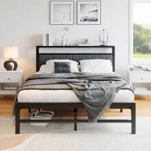 ARFARLY Double Bed Frame with Storage Headboard, 4ft6 Metal Upholstered Platform Bed Frame Double Bed/Under Bed Storage/No Box Spring Needed, Dark