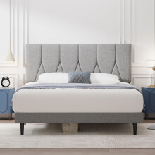 Yocreat Double Bed Frame, Light Grey, Upholstered Wooden Slat Bed Frame with Headboard, Easy Assembly, Underbed Storage, No Box Spring Needed 135?190