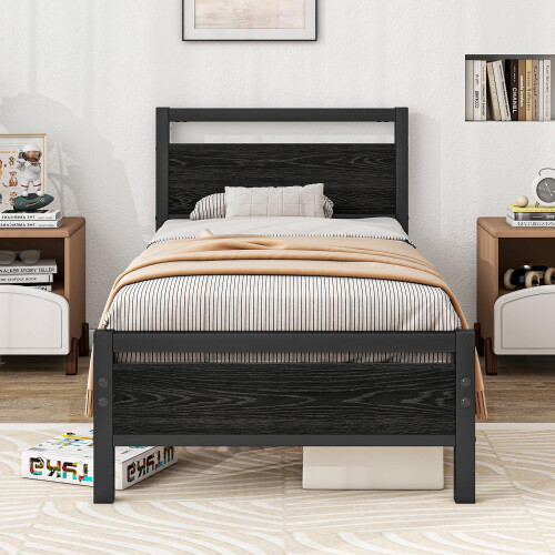 BOFENG 3ft Single Bed Frames Solid Bedstead Base with Wood Headboard,Heavy Duty Metal Platform Bed Frame No Box Spring Needed,Mattress