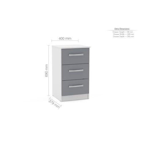 Birlea Birlea Lynx 3 Drawer Bedside High Gloss, White and Grey 2