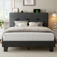 Feonase Double Bed Frame with Charging Station, Linen Upholstered Platform Bed Frame Double Beds with Storage Headboard, Wooden Slat Support, Noise