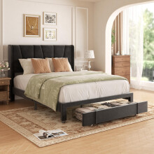 viplov Double Bed Frame, 4ft7 Upholstered Platform Bed with Tufted Headboard & Wing Side and Storage Drawers, Wood Slat Support, Mattress Foundation,