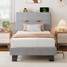 Feonase Single Bed Frame with Charging Station, Linen Upholstered Platform Bed Frame Single Beds with Storage Headboard, Wooden Slat Support, Noise